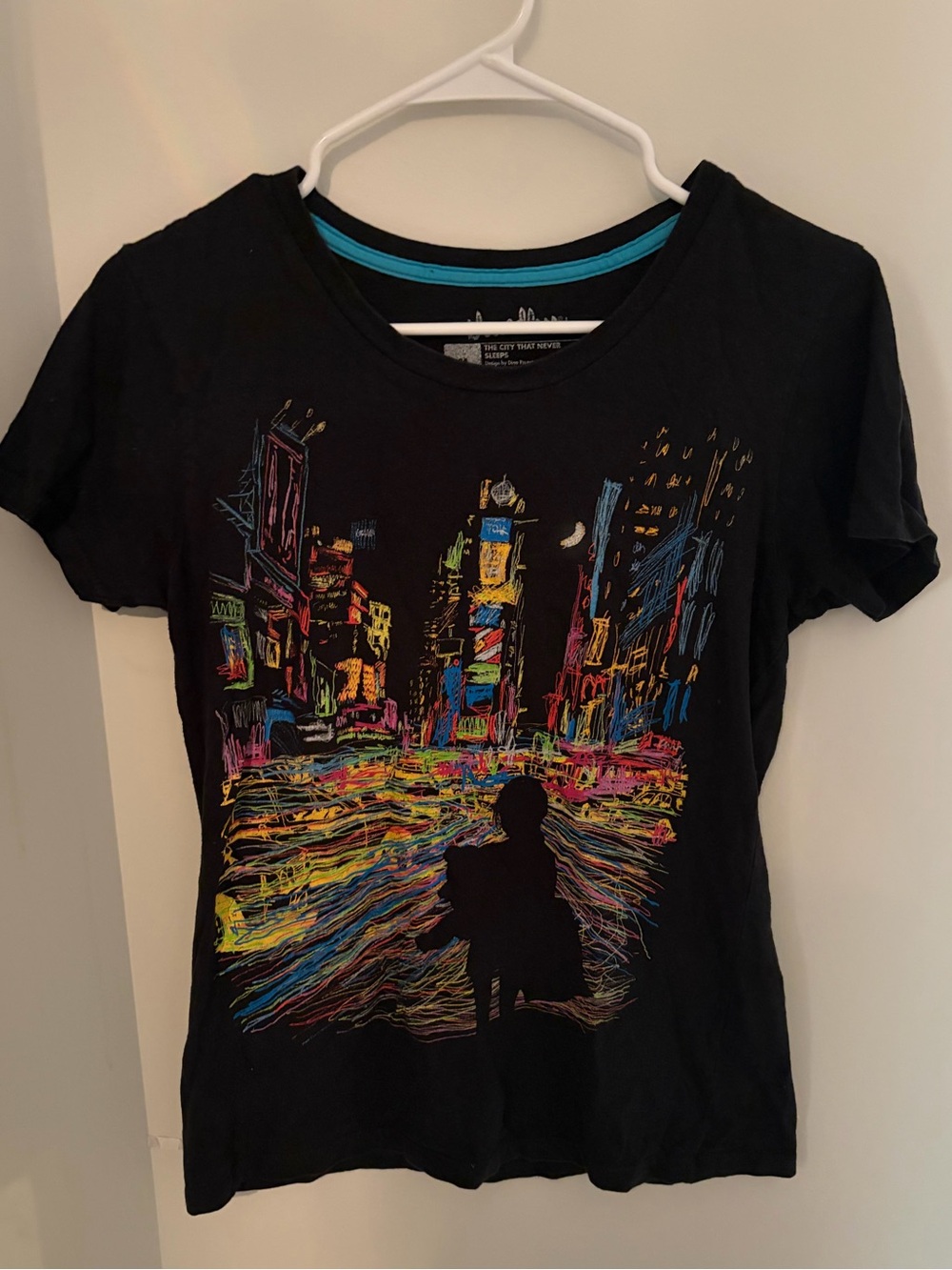 Threadless Black Tee with Multicolor Neon City Illustration